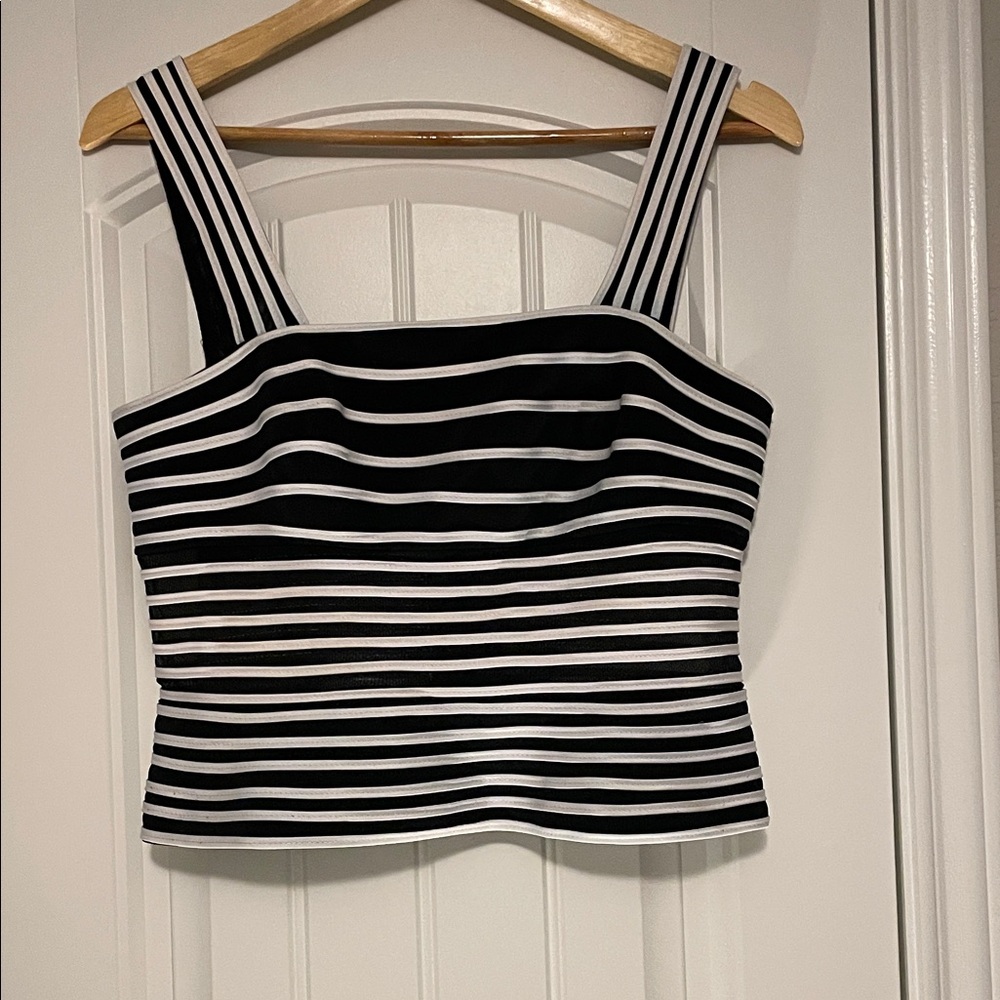Joseph Ribkoff  Trends Black & White Striped Square-Neck Top. Y2K Bold